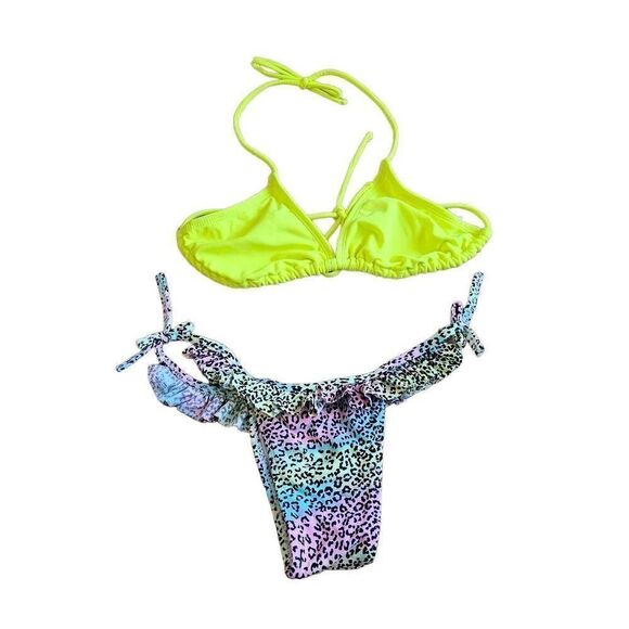 2pc bikini set Sz S neon yellow multicolor triangle top no padding - Picture 1 of 5